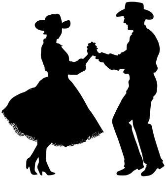 Silhouette of a man and woman dressed in western clothing dancing, isolated 