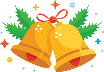 Illustration of golden Christmas bells with holly and ribbons representing holiday festivity and joy