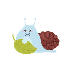 Vector illustration of a snail with a brown shell and horns that eats a leaf