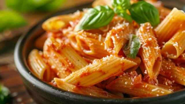 Savory baked penne pasta layered generously with melted cheese and garnished with fresh, vibrant basil
