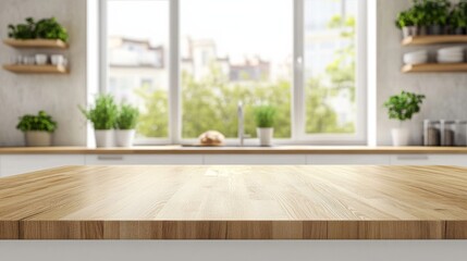 Fototapeta premium Modern Kitchen Countertop Background with Wooden Surface, Light and Bright Home Interior, Ideal for Product Display, Top View with Empty Space and Blurred Room Elements