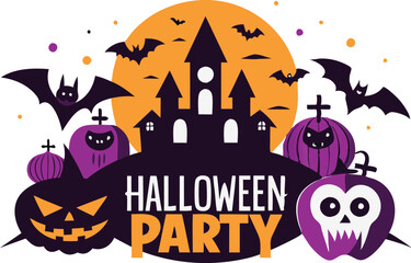 Halloween party invitation design with haunted house, bats, and pumpkins symbolizing spooky celebration