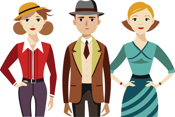 Naklejka premium Illustration of three people in vintage attire from the 1920s representing retro style and historical fashion