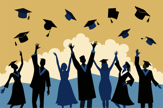 Silhouettes of graduates in gowns and caps joyfully celebrating their achievement by tossing graduation hats into the air symbolizing success and accomplishment
