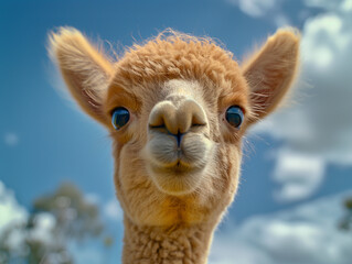Fototapeta premium Cute and cheerful orange baby alpaca looking at camera on a backround with blue sky and white clouds
