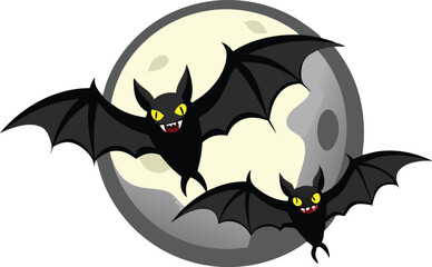 Two black bats flying in front of a full moon in a spooky Halloween cartoon scene with a cloudy backdrop.