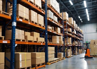 A retail warehouse filled with shelves stacked with cartons, pallets, and forklifts. The blurred background captures the busy logistics and transportation environment of a product distribution center.