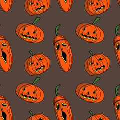 Seamless abstract pattern with  pumpkins, scary faces. Orange, green, black, brown. Vector. Halloween. Design for textile fabrics, wrapping paper, background, wallpaper, cover.