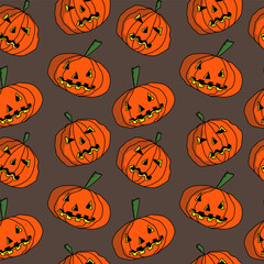 Seamless abstract pattern with  pumpkins, scary faces. Orange, black, brown. Vector. Halloween. Design for textile fabrics, wrapping paper, background, wallpaper, cover.