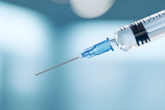 Banner for healthcare advertising and medical brochure with copy space. Closeup of medical syringe needle with bokeh background. Injection and vaccination concept for healthcare and medical procedures
