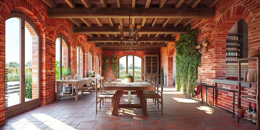 Wall mural Bold red brick and exposed wooden beams of a Tuscan countryside villa's dining area.