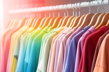 Fototapeta premium Multi-colored swimsuits on clothing rack, pastel colorful closet in shopping store or bedroom. Rainbow color clothes choice on hangers, home wardrobe concept.