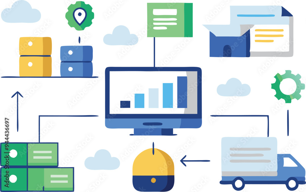 Poster flat vector illustration of a logistics and delivery network, showing various transportation and dat