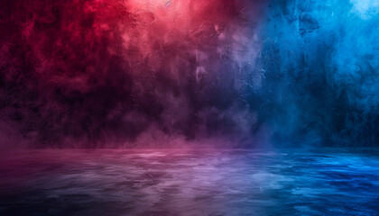 Empty space of Studio dark room with fog or mist and lighting effect red and blue on concrete floor grunge texture background