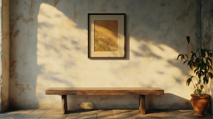 a picture frame hanging on a wall above a bench