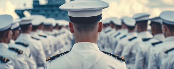 Rear view of naval officer observing a group formation.
