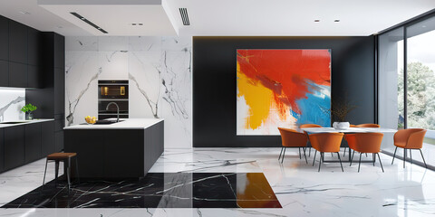 Sleek black and white marble tile floors contrasted with pops of colorful art in a modern kitchen.