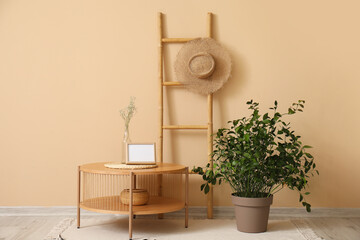 Wooden coffee table with blank frame and houseplant near beige wall