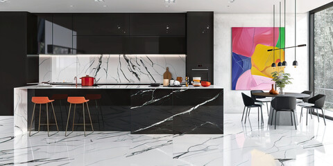 Sleek black and white marble tile floors contrasted with pops of colorful art in a modern kitchen.