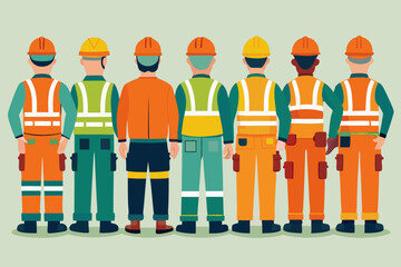 Sixteen construction workers are depicted from the rear view, highlighting their diverse professional work attire and gear, emphasizing the back details of their uniforms and safety equipment.
