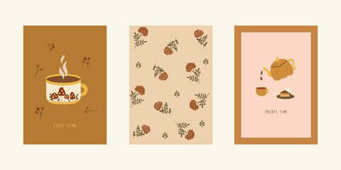 Autumn card set with hot tea cup, rowan pattern, teapot, and pumpkin pie, vector illustration