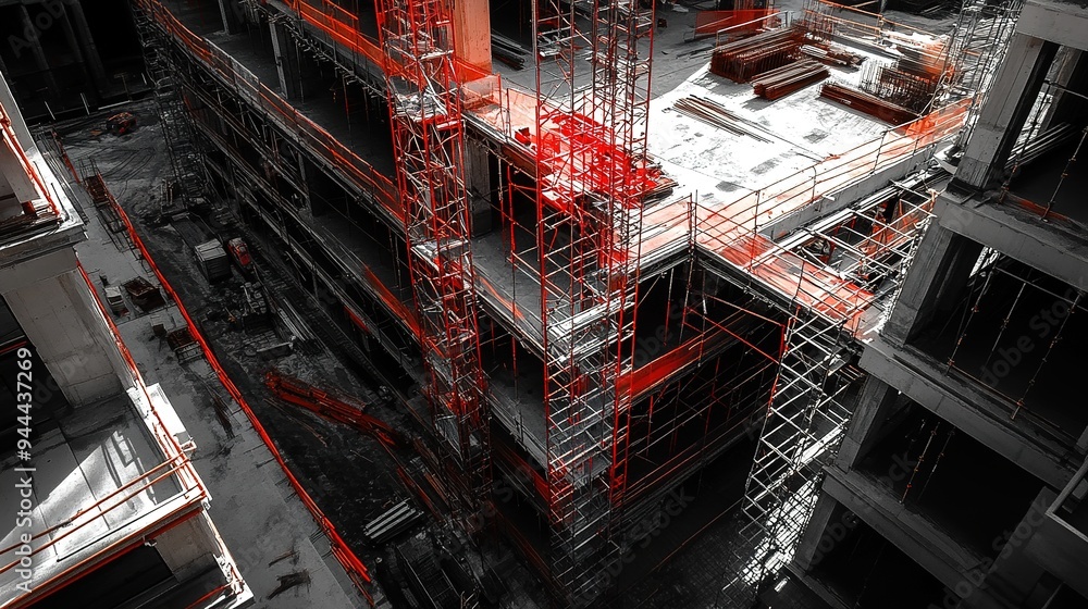 Poster a construction site with a large building under construction surrounded by scaffoldings and cranes