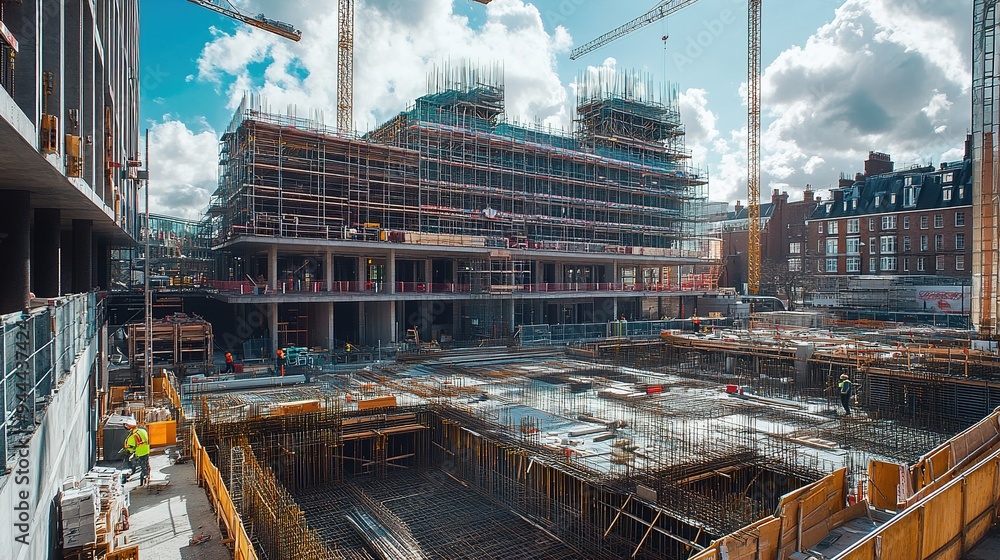 Poster a construction site with a large building under construction surrounded by scaffoldings and cranes