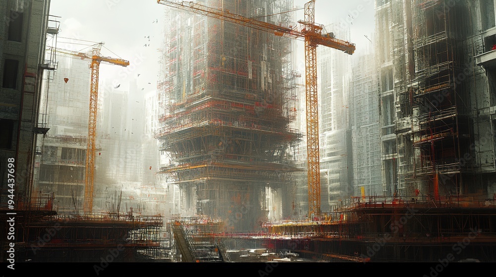 Poster a construction site with a large building under construction surrounded by scaffoldings and cranes