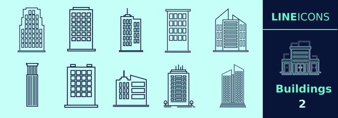 Buildings flat LINE icon set for presentation, explanation, white board, white papers. Building silhouettes of flats, offices, commercial, residential and many more. Change to any size and any colour.