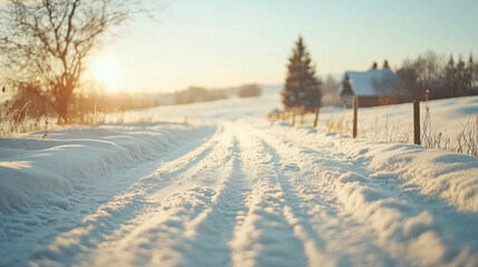 Snowy country road at sunrise with trees and a wooden cabin in the background. Winter rural landscape.
