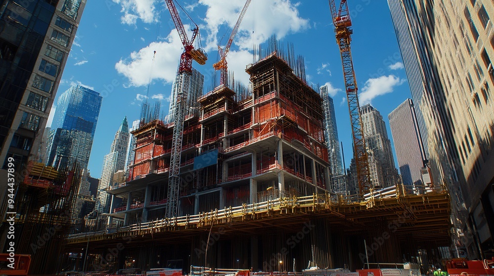Poster a construction site with a large building under construction surrounded by scaffoldings and cranes