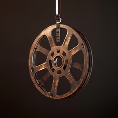 Fototapeta premium Classic Film Reel with Hanging Film Strip - Photorealistic Vintage Cinematic Details