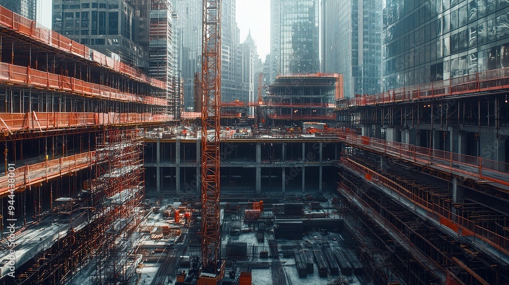 Poster a construction site with a large building under construction surrounded by scaffoldings and cranes