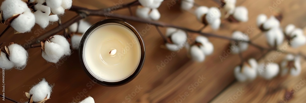 Poster mockup of soy wax candle and cotton branch on wooden surface