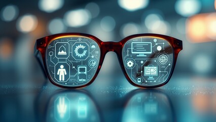 Future Vision - Augmented Reality Glasses Sleek red-framed glasses with embedded screens displaying futuristic icons and symbols. The reflective surface enhances the technological aesthetic.