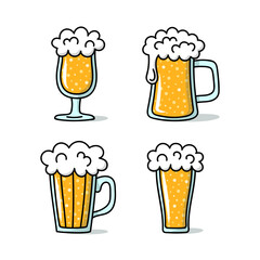 Vector cartoon beer glasses with foam and sparkles. Set of Octoberfest drinks isolated on white