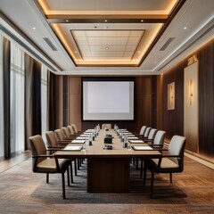 Modern Conference Room with Projector and Professional Lighting for Business Meetings, High Resolution Image