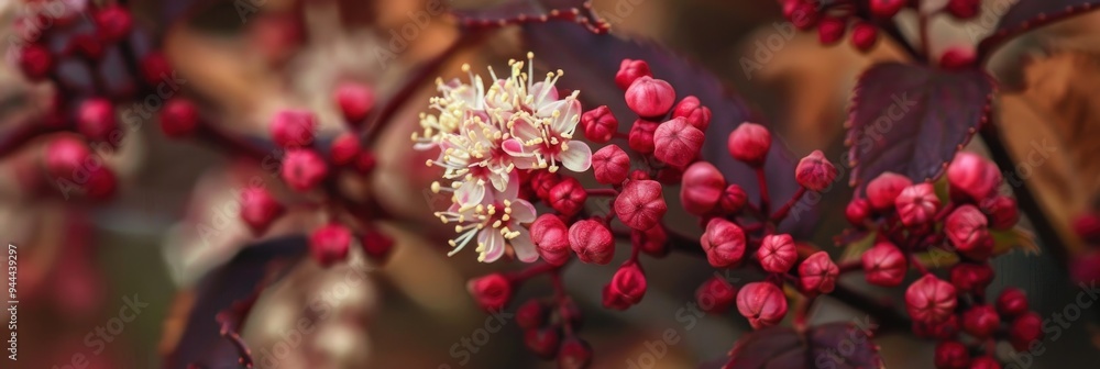 Canvas Prints Ninebark flowers in a delicate, compact form, known for their scientific classification as Physocarpus opulifolius.