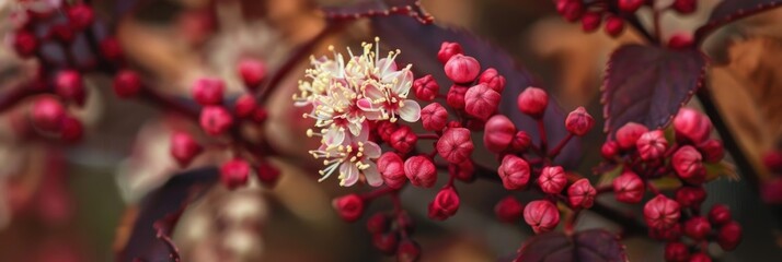 Obraz premium Ninebark flowers in a delicate, compact form, known for their scientific classification as Physocarpus opulifolius.