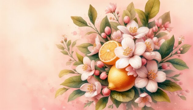 A beautiful bouquet featuring lemon and blossoms, perfect for spring themes, wellness, or culinary projects. Add a touch of freshness and vibrancy to your designs.