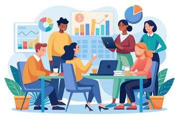 A diverse group of professionals is gathered around a table engaged in a discussion, with various charts and graphics on the wall, setting a collaborative business environment
