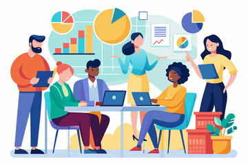 A diverse group of professionals is gathered around a table engaged in a discussion, with various charts and graphics on the wall, setting a collaborative business environment
