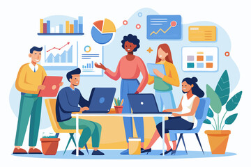 A diverse group of professionals is gathered around a table engaged in a discussion, with various charts and graphics on the wall, setting a collaborative business environment
