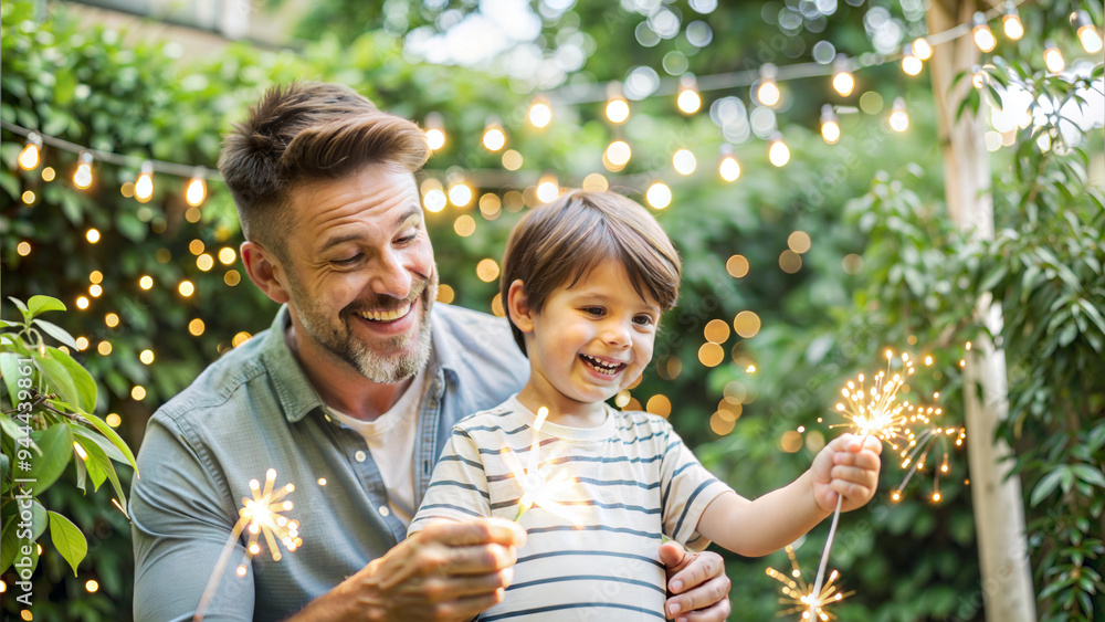 Wall mural Happy father and son with sparklers in the garden at summer day