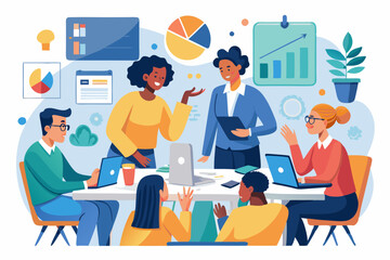 A diverse group of professionals is gathered around a table engaged in a discussion, with various charts and graphics on the wall, setting a collaborative business environment
