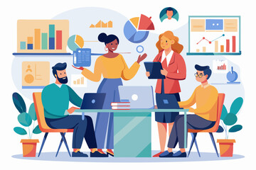 A diverse group of professionals is gathered around a table engaged in a discussion, with various charts and graphics on the wall, setting a collaborative business environment
