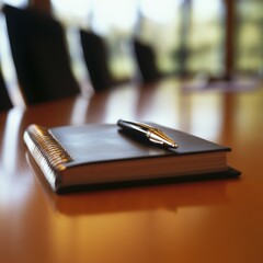 Professional Workspace: Close-up of Notepad and Pen on Conference Table with Clean Design