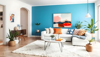 Scandinavian home design interior featuring a vibrant living room with a pop of color from a bright blue accent wall create with ai