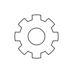 Illustration of a basic black gear icon outline. Symbolizes settings, adjustments, tools, business software, cloud services, and tech interfaces. Commonly used in app and web designs.