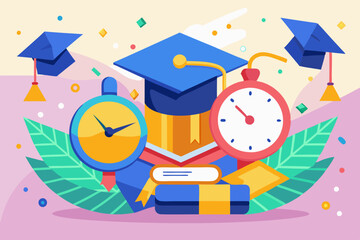 This vibrant digital illustration features two graduation caps along with a clock amidst a colorful background of confetti, symbolizing the festive celebration of graduation success
